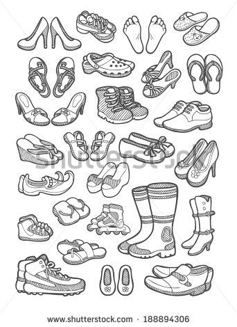 Shoes icons sketch. Hand drawing objects, male and female shoes, sandals, feet, etc. - stock vector Converse Drawing, Sketch Shoes, Drawing Objects, Icon Doodle, Chibi Body, Cartoon Shoes, Character Model Sheet, Female Shoes, Object Drawing