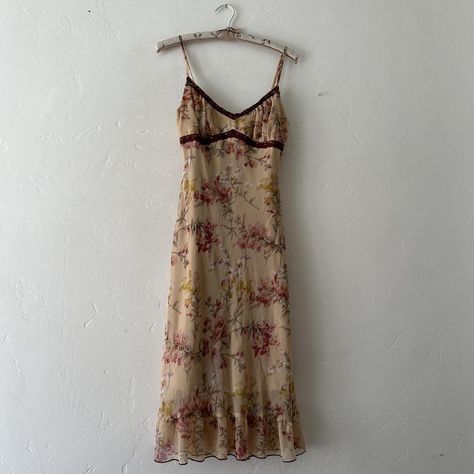 vintage coquette milkmaid dress delicate florals and... - Depop Vintage Tea Party Dress, Thrifted Dresses Vintage, Coquette Summer Dress, 2000s Dresses Casual, Milkmaid Sundress, Depop Dress, 2000s Dresses, Y2k Slip Dress, 2000s Dress