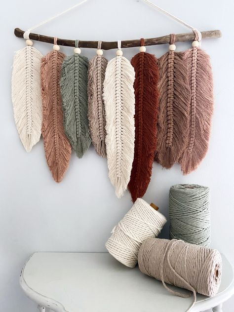 Macrame Above Fireplace, Fun Wall Hanging, Macrame Decor Ideas Diy Crafts, Diy Hanging Yarn Wall Art, Diy Wall Decor Macrame, Feather Yarn Wall Hanging Diy, Boho Babe Cave, Hang Macrame On Wall, Macrame Size Guide