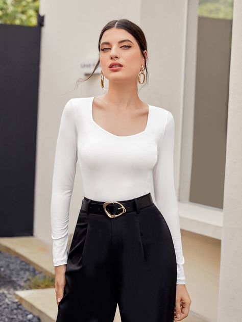 White Casual Collar Long Sleeve Fabric Plain  Embellished High Stretch  Women Tops, Blouses & Tee White Tops For Women Classy, White Long Sleeve Outfit, White Long Sleeve Shirt Outfit, White Long Sleeve Tshirt, Long Sleeve Shirt Outfits, White Tops Outfit, Casual Tshirt Outfit, Basic Long Sleeve Tee, Outfit Simple