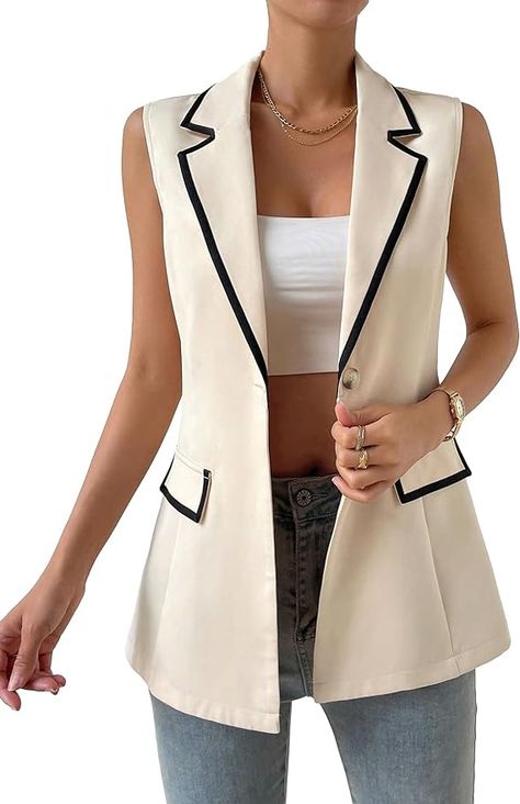 WDIRARA Women's Colorblock V Neck Sleeveless Button Front Blazer Vest Jacket Casual Waistcoat Apricot XS at Amazon Women's Coats Shop How To Wear A Vest Women, Vest Women Outfit, Sleeveless Blazer Outfit, Sleeveless Jackets For Women, Hiking Outfit Spring, Sleeveless Blazer, Sleeveless Coat, Outerwear Vest, Blazer Vest