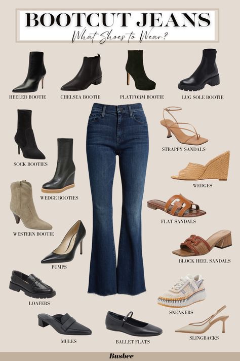 Elevate your bootcut jeans look with the right shoes! Explore our easy guide to find the perfect footwear for any outfit. We’re focusing on what shoes to wear with bootcut jeans specifically. Bootcut jeans are typically snug on the hips and slightly flared out at the knee. They’re very similar to flare jeans but a little less exaggerated. Bootcut Jeans Style For Women, Style With Bootcut Jeans, Curvy Bootcut Jeans Outfit, Heels With Bootcut Jeans, How To Wear Bootleg Jeans, Bootcut Jeans With Sandals, Women Bootcut Jeans Outfits, Loafers With Bootcut Jeans, Dark Wash Bootcut Jeans Outfit