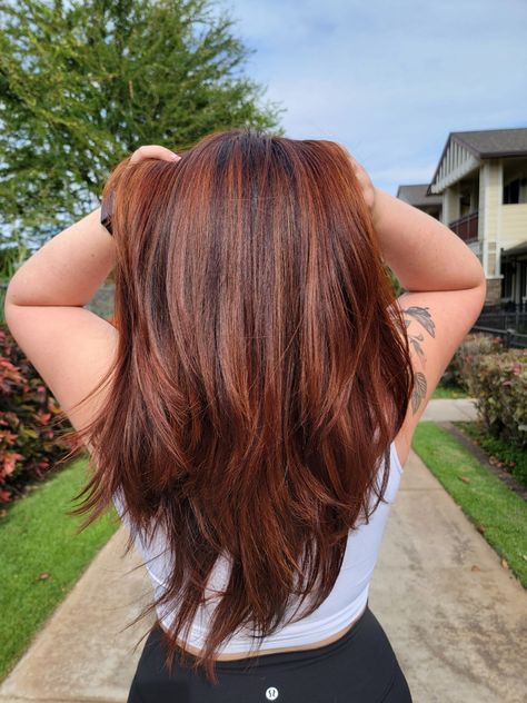 Brown Red With Highlights, Balayage, Hair Color Ideas Cooper, Copper Balayage Highlights, Copper With Babylights, Copper Hilights On Dark Hair, Ginger Chestnut Hair, Babylights Auburn Hair, Brown Highlights On Ginger Hair