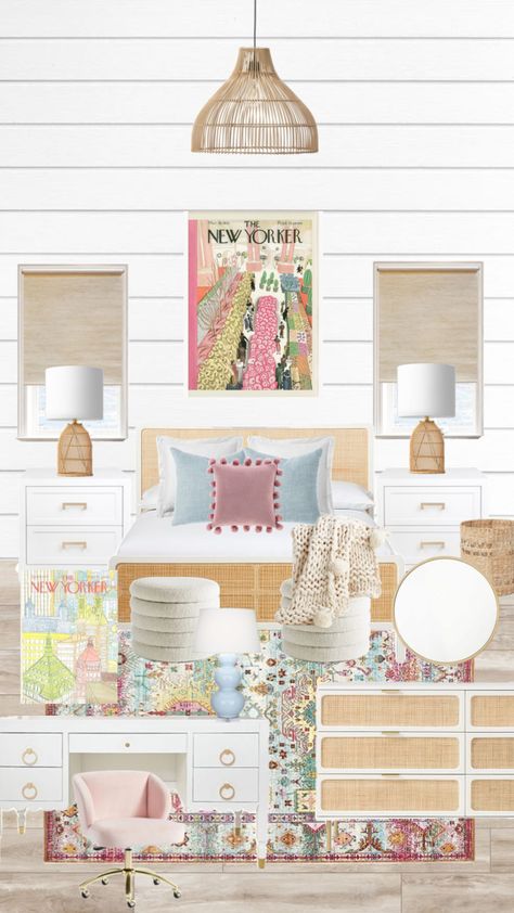 Neutral With Pop Of Color Bedroom, Pink And Blue Room Decor, Pink Green And Blue Bedroom, Colorful Room Design, Neutral Bedroom With Pop Of Color, Tulane Dorm, Grand Millennial Bedroom, Grandmillennial Bedroom, Neutral Bedrooms With Pop Of Color