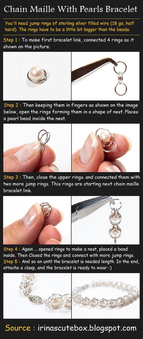 Pearl Bracelet Tutorial, Fiber Weaving, Pinterest Tutorials, Pola Manik, Chainmail Jewelry, Pearls Bracelet, Wire Jewellery, Schmuck Diy, Pola Kartu