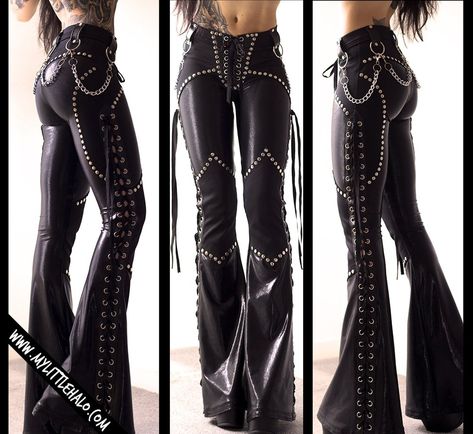Image of #32 WET LOOK BLACK LACE UP FLARES £239.99 Metal Band Outfits Women, Rock Band Outfits Women, Heavy Metal Outfits For Women, Wrestling Outfits Womens, Rock Star Outfit Women, Witches Outfit, Rock Band Outfits, Heavy Metal Clothing, Wrestling Outfits