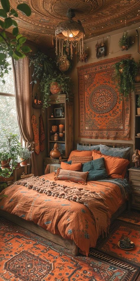 Orange And Teal Bedroom Boho, Terracotta And Forest Green Bedroom, Boho Guys Bedroom, Small Bedroom Interior Design Ideas, Rivendell Aesthetic Bedroom, Room Types Bedroom Ideas, Vintage Style Bedroom Decor, Small Square Bedroom Ideas Layout, Boho Music Bedroom