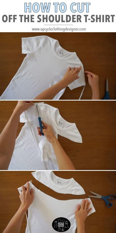 Diy Off Shoulder Shirt, Off Shoulder Diy, T Shirt Reconstruction, Cut Up T Shirt, Cut Shirt Designs, Umgestaltete Shirts, T Shirt Upcycle, Simpul Pita, Diy Cut Shirts