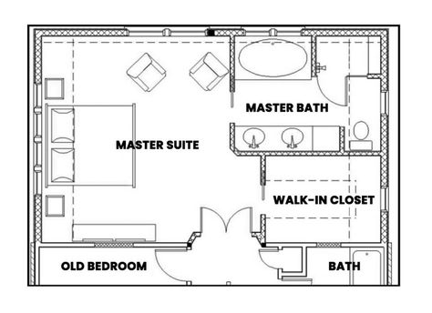 How to Design a Master Suite to feel luxury Combine Two Bedrooms Into Master Suite, Add On Master Suite Bedroom, Long Master Suite Layout, Rectangular Master Suite Layout, Parents Retreat Master Suite, Add On Master Suite, Small Master Suite Layout, Master Suite Addition Plans, Small Master Suite