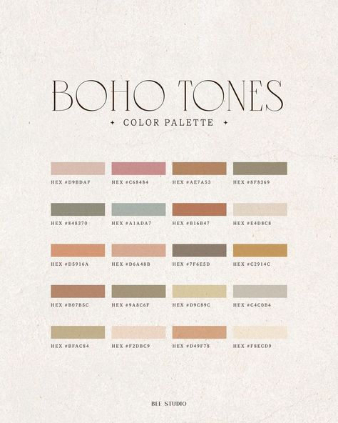 Bee Studio 〰️ Brand Design Studio on Instagram: “Historically, the Boho style is close to nature, so the ideal palette includes earthy colors or unusual combinations of rich colors 🤍 This…” Earthy Brand Color Palette, Color Groups, Bedroom 2024, Earth Tone Color Palette, Hex Color Palette, Earth Tone Color, Branding Social Media, Earth Colors, Studio Branding