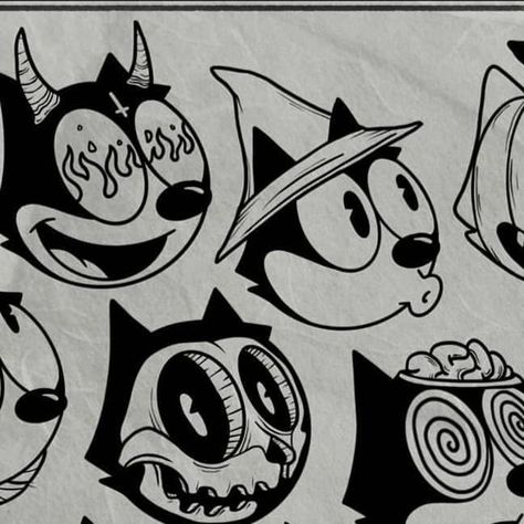 Bonnie Pellegrini on Instagram: "Made some halloween felix heads cause who wouldnt want one 🎃 . . . . #tattooflash #halloweenflash #halloweentattoo #felixthecat #felixthecattattoo #tattooapprentice" Felix The Cat Drawing, Felix Cat Tattoo, Felix The Cat Art, Felix The Cat Tattoo, Vintage Halloween Tattoos, Felix Tattoo, Halloween Flash Tattoo, Felix Cat, Sailor Jerry Tattoos