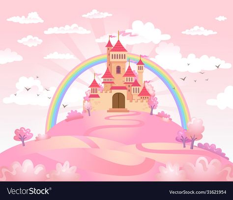 Princess Castle Cartoon, Pink Color Wallpaper, Kids Bedroom Paint Colors, Princess Mural, Pink Princess Castle, Fairytale Landscape, Castle Mural, Castle Pink, Castle Wallpaper