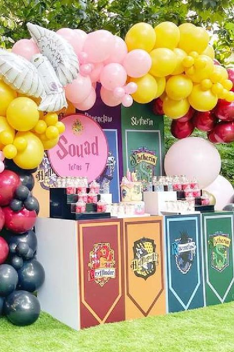 Don't miss this magical Harry Potter birthday party! Love the dessert table! See more party ideas and share yours at CatchMyParty.com Harry Potter Cake Table Ideas, Harry Potter Birthday Backdrop, Harry Potter Backdrop Party Ideas, Girl Harry Potter Birthday Party, Harry Potter Birthday Girl, Harry Potter Girl Birthday Party, Harry Potter First Birthday Girl, Harry Potter Backdrop, Harry Potter Birthday Party Ideas