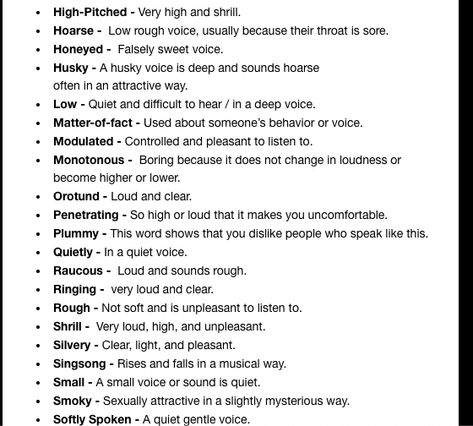 Words to Describe Someone's Voice - 2 Ways To Describe Voices In Writing, Different Ways To Describe A Voice, How To Describe A Characters Voice, Words That Describe Someone's Voice, How To Describe Someone's Voice, Words To Describe Tone Of Voice, Writing Voice Description, How To Describe A Character Waking Up, Words To Describe Appearance