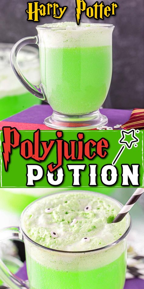 Harry Potter Inspired Drinks Non Alcoholic, Non Alcoholic Harry Potter Drinks, Green Punch Nonalcoholic, Butterbeer Punch Recipe, Harry Potter Polly Juice Potion, Harry Potter Drinks Nonalcoholic Hogwarts, Slytherin Drink Recipe, Poly Juice Potion Recipe Alcoholic, Cute Harry Potter Snacks