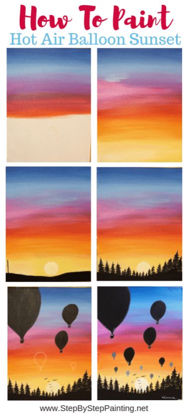 Paint your own sunset with silhouettes of hot air balloons and a treeline. This step by step acrylic painting tutorial is easy for beginners and kids! Sunset And Silhouette Painting, Sunset With Silhouette, Easy Sunset Paintings For Beginners, Fun Paintings Easy, Easy Acrilyc Painting Ideas Step By Step, Silhouette Paintings Easy, Easy Guided Painting, Hot Air Balloon Painting Easy, Easy Paintings For Beginners Acrylics Step By Step