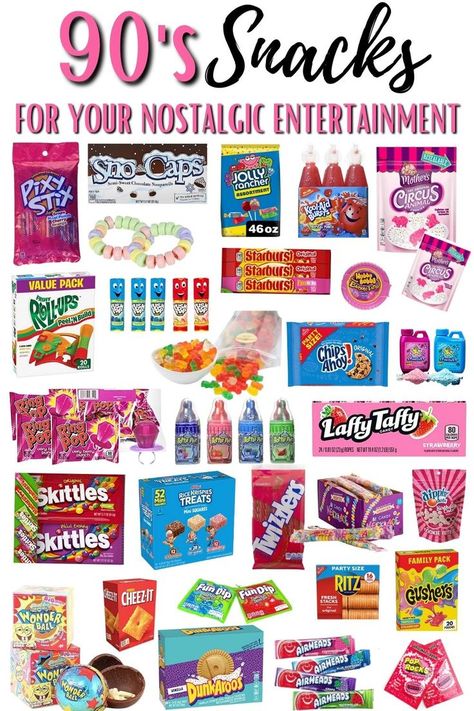 90'S SNACKS 90s Theme Goodie Bags, 90s Birthday Party Theme Aesthetic, Mtv Spring Break Party Theme, 90s Themed Bday Party, 90s Party Snack Ideas, 90s Theme Brunch, 90s Theme Party Snacks, 90s Theme Slumber Party, 90s Snack Board