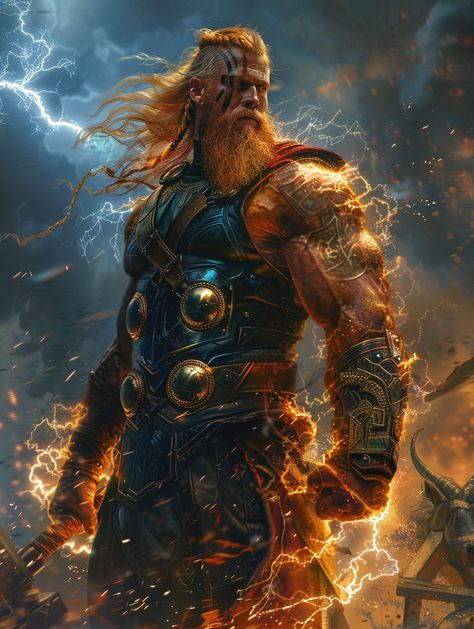 The name "Thursday" originates from Old English "Þūnresdæg", or "Þunor's day". Þunor, known in Old Norse as Thor (modern English), was the Norse god of thunder and strength. He wielded a mighty hammer and was the protector of gods and humans against the forces of evil. #norsegods #thursday #thor Thor Mythology Art, Norse Monsters, Rune King Thor, Thor Norse Mythology, Thor Mythology, Norse Mythology Art, Pagan Aesthetic, Thor Artwork, Thor Norse