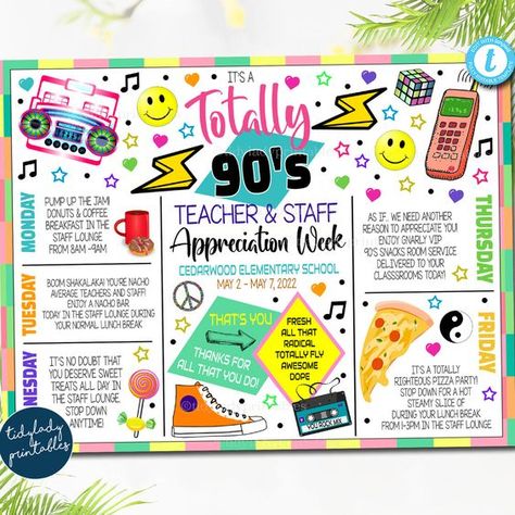 80s 90s Theme Teacher Appreciation Week Itinerary, Retro Throwback Old School Staff Schedule Events Printable, EDITABLE TEMPLATE #teachergifts
 #teachergiftideas
 #teacherappreciationgifts
 #teacherappreciationweek #gradgifts, #graduationgiftideas, #highschoolgraduationgiftideas, #graduationgifts. https://whispers-in-the-wind.com/top-10-graduation-gift-ideas/?teacher Teacher Appreciation Week Themes, Teacher Appreciation Themes, Teacher Morale, Teachers Week, Staff Appreciation Week, Staff Appreciation Gifts, Appreciation Gifts Diy, Staff Morale, Teacher Appreciation Gifts Diy