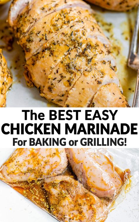 How to make the best EASY chicken marinade. This chicken marinade is perfect for grilling and baking. You can use it for chicken breasts, chicken thighs, or chicken tenders. Healthy, simple, and makes JUICY, tender, flavorful chicken every time. Lemon Garlic Chicken Marinade, Baked Chicken Marinade, Garlic Chicken Marinade, Chicken Breast Marinade Recipes, Chicken Thigh Marinade, Chicken Breast Marinade, Best Chicken Marinade, Easy Chicken Marinade, Bbq Burger