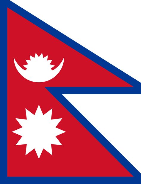 Flag of Nepal. A combination of two red pennons (pennants) with the large blue border around the unique shape of two overlapping right triangles: the smaller upper triangle bears the white stylised moon (the rising sun on the horizontal crescent moon) and the larger lower triangle displays the white twelve-pointed sun.   #Nepal #Nepalflag #flagofNepal #flag Nepali Flag, Flag Of Nepal, Namaste Nepal, Nepal Flag, International Flags, Adventure Tourism, Cute Bunny Cartoon, Nepal Travel, Photo Art Gallery