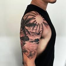 Mens Shin Tattoo Ideas, Beach Tattoo Men, California Beach Tattoo, California Inspired Tattoo, Sun Rays Tattoo Design, Beach Tattoo For Men, Sky Tattoo Design, Sun Tattoo Shoulder, Strand Tattoo