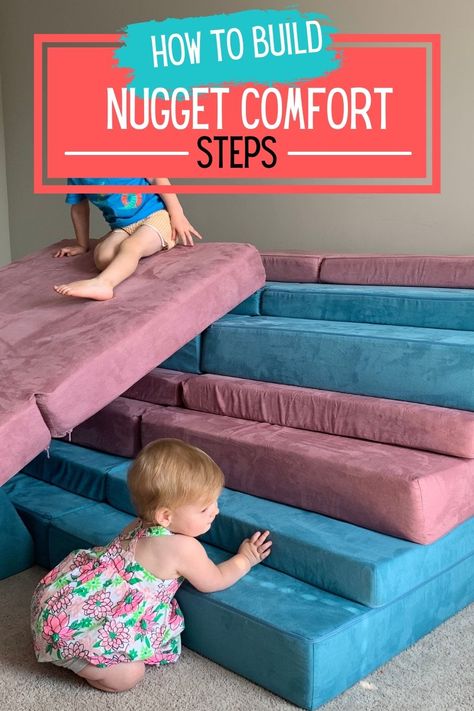 Here's a guide to our favorite nugget build: steps and a slide! Slide Nugget Build, Nugget Stairs, Nugget Stair Slide, Nugget Slide Build, 2 Nugget Slide Build, 2 Nugget Couch Builds Climbing, Nugget Climbing Build, 2 Nugget Builds For Climbing, 2 Nugget Building Ideas