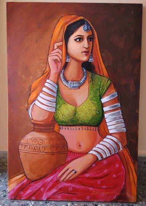 Paintings Of Women, Women Paintings, Poster Color Painting, Thomas Wayne, Rajasthani Art, Composition Painting, Modern Art Canvas Painting, Indian Women Painting, Indian Artists