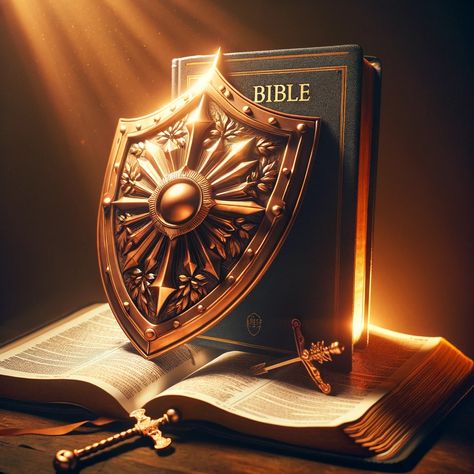 An image depicting a Bible resting on a surface, with a radiant, ornate shield leaning against it. The shield symbolizes protection and strength, resonating with the spiritual safeguarding themes found in the Bible. The Bible is open, displaying visible text, signifying wisdom and guidance. This powerful imagery combines faith and defense, suggesting a spiritual armor against life's... Love In Bible, Job 42 10, Prayers For A Friend, Prayer For Others, Prayer For A Friend, Christian Background Images, Caim E Abel, Spiritual Armor, Biblical Artwork