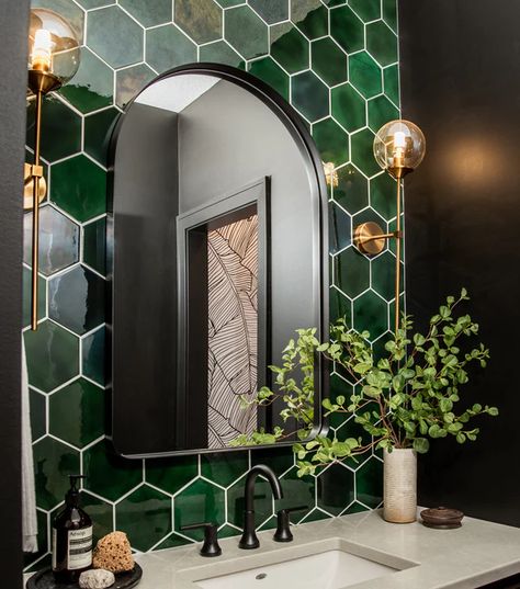 Beautiful Handmade Ceramic Tiles Made in America | Mercury Mosaics Subway Tile Herringbone Backsplash, Ceramic Bathroom Tile, Craftsman Foyer, Art Deco Entryway, Subway Tile Herringbone, Contemporary Powder Room, Entryway Tile, Ceramic Tile Bathrooms, Bar Flooring