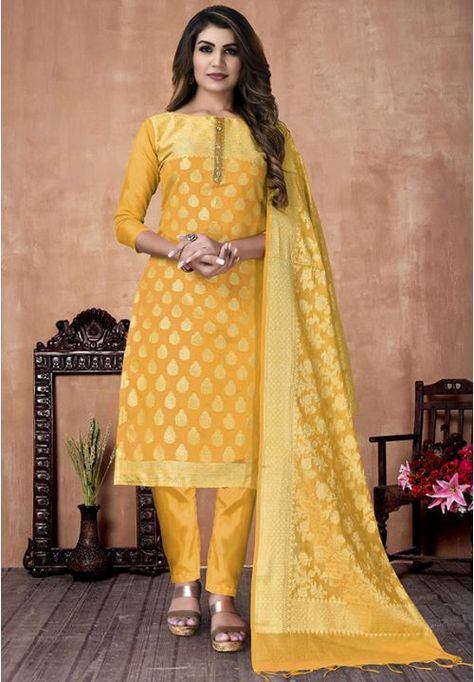 Yellow Woven Banarasi Silk Suit Yellow Silk Suit, Banarasi Silk Suit, Wedding Salwar Suits, Yellow Suit, Neck Deep, Yellow Pants, Yellow Silk, Designer Salwar Suits, Silk Suit