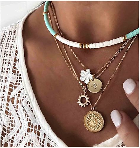 Surfer Necklace Women, Collier Perle Heishi, Heishi Jewelry, Surfer Jewelry, Dating Gifts, Tanah Liat, Surfer Necklace, Beach Necklace, Layered Chokers