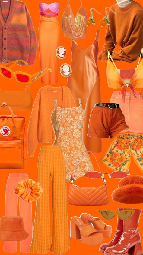 #orange #orangeclothes #clothes #orangeaesthetic #aesthetic #fashion #orangefashion Full Orange Outfit, Orange And Blue Aesthetic Outfit, Orange Inspired Outfits, Orange 70s Outfit, Sunset Color Outfit, Orange Aesthetic Clothes, Colors That Compliment Orange, Aesthetic Orange Outfits, Orange Fashion Aesthetic