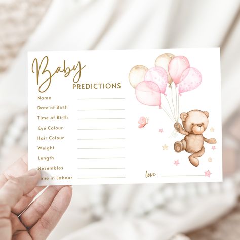 Baby Shower Prediction Cards Game Teddy Bear Balloons Theme  Pink Baby Girl Shower Baby Guessing Game Activity for Guests Keepsake Mum To Be Teddy Bear Baby Shower Theme Girl, Baby Guessing Game, Baby Shower Prediction Cards, Bear Baby Shower Theme, Theme Pink, Mum To Be, Baby Prediction, Cards Game