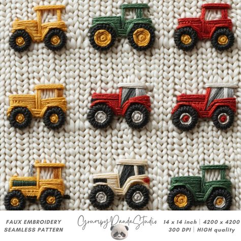 Please read carefully before purchasing. This is a seamless, repeating pattern, not intended for hand knitting, crocheting, embroidery, hand stitching, or machine embroidery etc.  You will receive two jpg files (images with fake embroidery/ illusion of embroidery), not a PDF file with embroidery pattern with instructions. 3d Mini Tractor Seamless Fabric, Faux Embroidery Knit Fabric Minimalist Design, Transport Vehicle, Farm Life Digital Paper, Farmer Baby Gift → PLEASE NOTE: This is a digital in