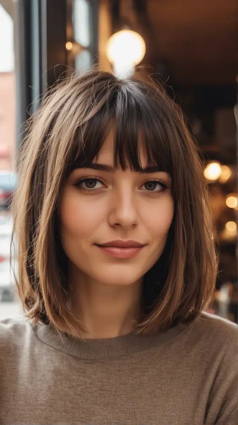 Bob And Bangs Haircut, Lob With Fringe Straight Hair, Long Bob Short Fringe, Bob Haircuts For Women With Curtain Bangs, Short Bangs Ideas, Long Bob Bangs Hairstyles, Shoulder Length Hairstyles With Fringe, Small Fringe Hair, Full Fringe Bob