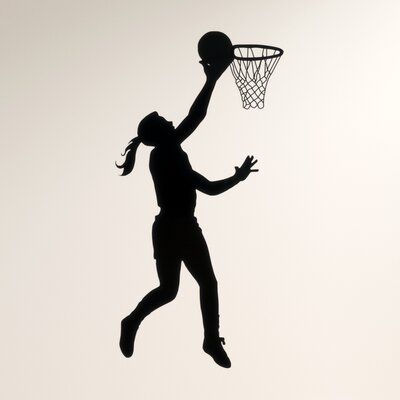 This cool basketball girl doing a layup will look awesome in your sports room! Place this decal in your kid's room or even at the locker room at the school. Select a colour that will match your room's theme or your sports team colour. The largest sizes of this decal come in more than one piece for easier application. | Trule Basketball Layup Wall Decal Black 72.0 x 36.0 in, Vinyl | Home Decor | C001286454_896480175 | Wayfair Canada Basketball Sillouhette, Basketball Theme Gifts, Sports Day Decoration, Sports Silhouettes, Balloon Baby Shower Centerpieces, Cool Basketball, Basketball Girl, Basketball Clipart, Creative School Project Ideas