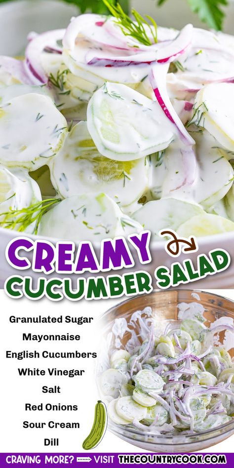 This Creamy Cucumber Salad is made with fresh cucumbers, sour cream, mayonnaise and fresh dill. So easy and creamy! Perfect summer salad! Cucumber Salad Sour Cream, Cucumber Dishes, Creamed Cucumber Salad, Gut Health Foods, Veggies Dishes, Sour Cream Cucumbers, Cucumber Salad Dressing, Easter Salad Recipes, Ckd Diet