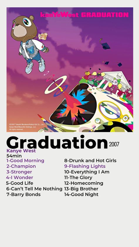 Graduation album card Graduation Album Cover Poster, Graduation Album Cover, Kanye West Graduation, Graduation Album, Senior Szn, I Am 4, La Mans, Graduation Signs, Takashi Murakami