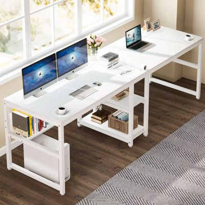 If you are okay sharing the same workspace and working side by side, then you may want to have thisTribesigns double workstation computer desk for your room. Color (Frame): White | 17 Stories Rigueiro Desk Wood / Metal in White, Size 29.52 H x 78.74 W x 23.62 D in | Wayfair Computer Desk For Two, 3 Person Workstation, Double Desk For Kids, Long White Desk, Office Double Desk, Two Person Office, Rustic Writing Desk, Desk With Bookshelf, Two Person Desk