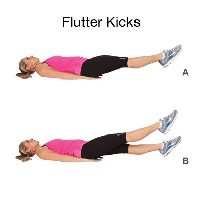 Flutter Kicks. How to do it: Lie flat on your back with your arms tucked slightly under your hips with palms facing down. Lift your feet 6 to 8 inches off the floor. Quickly kick (flutter) your legs up and down, raising and lowering your feet only a few inches. Note: to make the exercise easier, raise your legs up higher than the 6 to 8 inches. To make the exercise more difficult, keep your feet closer to the ground. Flutter Kicks Exercise, Tennis Exercises, Belly Workouts, Bigger Hips Workout, Beginner Workouts, Lose Arm Fat, Gymnastics Videos, Tennis Workout, Flutter Kicks