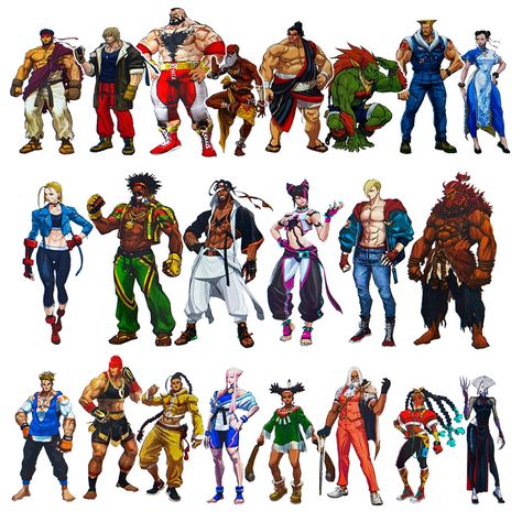 Characters Roster Concept Art - Street Fighter VI Art Gallery Street Fighter Male Characters, All Street Fighter Characters, Sf6 Characters, Street Fighter 6 Characters, Street Fighter 6 Concept Art, Street Fighter Character Design, Street Fighter Concept Art, Street Fighter Design, Street Fighter 6 Art