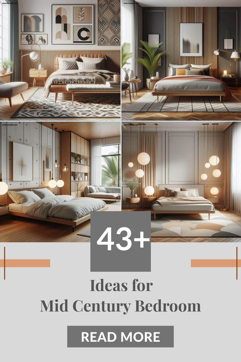 Simple Mid Century Bedroom, Mid Century Modern Boho Bedroom Ideas, Guest Room Mid Century Modern, Midcentury Glam Interior Design, Mid Century Master Suite, Mid Century Mod Bedroom, Mid Century Modern Bedroom Lighting, Amazing Bedroom Designs Room Ideas, Mid Century Modern Bedroom Accent Wall