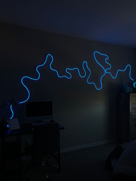 Neon Rope Light Design, Led Light Shapes On Wall, Unique Led Lighting Ideas, Bendy Led Lights, Led Wall Art Bedroom, Wave Led Light, Led Rope Lights Bedroom Wall, Led Rope Light Designs, Led On Wall