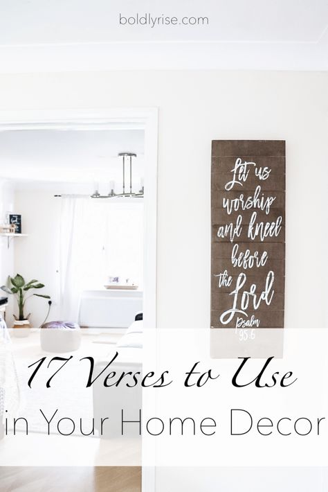 These 17 verses to use in your home decor will bring encouragement, beautiful reminders, and uplift your faith right in your cozy home. Use them to make your own signs or to find ideas for what to look for in stores. Faith | Homemaking | Home Decor | Faith based | Christian wife | Christian home decor Faith Based Home Decor, Bible Verse Farmhouse Signs, Bible Verse Decor Home, Bible Verses To Hang In Your Home, Christian Bathroom Decor, Christian Farmhouse Signs, Diy Christian Wall Art, Faith Decor Ideas, Faith Based Easter Crafts