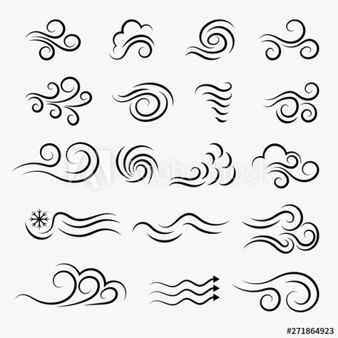 Stock Image: Wind weather and environment, nature icon set. Natural movement of the air symbols. Vector line art illustration isolated on white background. Wind Graphic, Wind Logo, Wind Icon, Wind Tattoo, Air Symbol, Wind Drawing, Nature Icon, Air Tattoo, Vector Line Art