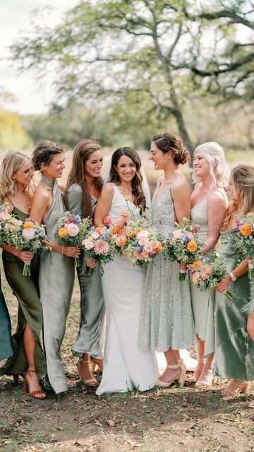 Spring Bridesmaid Dresses Colors Mismatched, Variety Green Bridesmaid Dresses, Summer Sage Green Wedding, Meadow Green Bridesmaid Dresses, Sage Mismatched Bridesmaids, Bridemaids Dresses Mismatched Different Styles, Bridesmaid Dress Options, Sage Green And Colorful Wedding, Mismatch Sage Bridesmaid Dresses