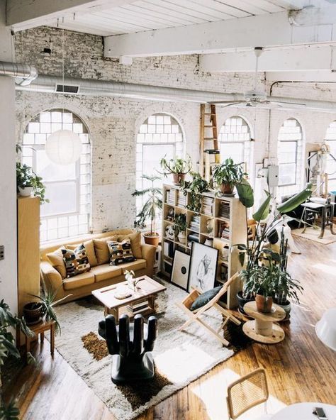 Our TOP favorite modern-meets-industrial loft designs   interiors. Whether creating for your small apartment or house, click to see some insanely dreamy industrial inspired loft spaces with different boho, airy, even farmhouse vibes - and shop our hand-picked furniture   decor pieces from rugs to coffee tables - perfect for any loft bedroom space, living room, kitchen, or corner! #industrialloft #modernloft #loftdesign Appartement Design Studio, Loft Apartment Decorating, Atelier Design, Loft Inspiration, Bohemian Apartment, Home Atelier, Studio Apartment Design, Industrial Home Design, Scandinavian Style Home