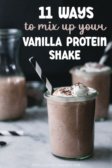 These 11 recipes took my vanilla protein shake from bland to really yummy without adding too much extra time! The Snickerdoodle recipe is my favorite! Protein Powder Drink Recipes, Protein Powder Recipes Vanilla, Vanilla Protein Smoothie Recipes, Vanilla Protein Recipes, Vanilla Protein Powder Smoothie, Protien Shake Recipes, Vanilla Shake Recipes, Simple Protein Shake Recipes, Vanilla Protein Shake Recipes