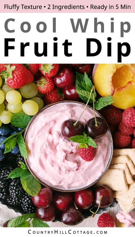 Looking for a creamy and delicious fruit dip that’s quick to make? Look no further than this fluffy Cool Whip fruit dip! This rich and satisfying Cool Whip cream cheese fruit dip is the easiest, quickest snacks you’ll ever make.  You only need 2 ingredients and 5 minutes to whip up the easy recipe. This dip goes perfectly with all your favorite fruits and adds a pretty pop of color to your fruit platter. Serve it chilled on a colorful fruit tray for a refreshing treat! | CountryHillCottage.com Cool Whip Fruit Dip, Easter Fruit Tray, Baby Shower Fruit Tray, Sweet Dips Recipes, Strawberry Fruit Dips, Salad Meals, Easy Fruit Dip, Cream Cheese Fruit Dip, Easter Fruit